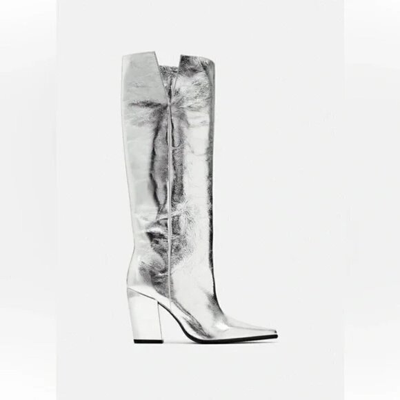 ZARA 100% LEATHER METALLIC HEELED KNEE HIGH BOOTS - Picture 2 of 13